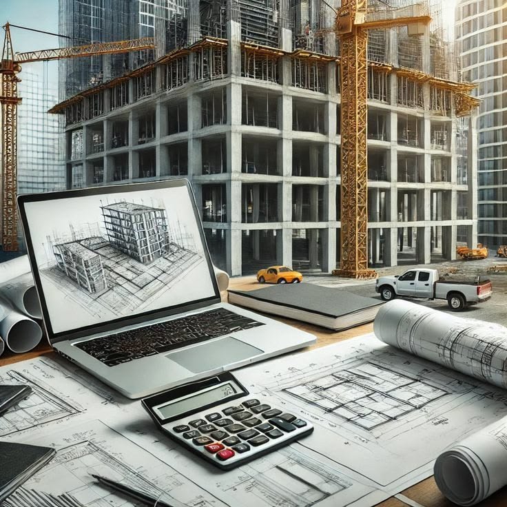 Laptop, calculator and plans on a desk in front of a building under construction