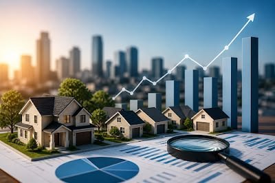 Model houses beside rising market growth bars and a magnifying glass